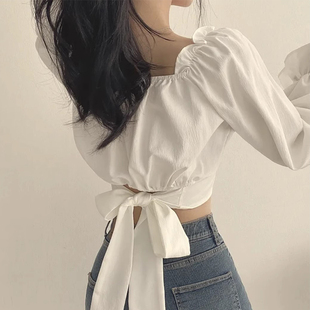 衬衫 韩国chic春季 小众设计感方领后背绑带蝴蝶结收腰显瘦百搭长袖