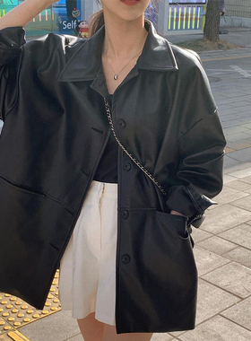 韩国chic夏季小众帅气翻领单排扣宽松休闲百搭PU皮长袖皮衣外套女