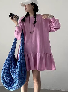 松拼接荷叶边长袖卫衣连衣裙短裙