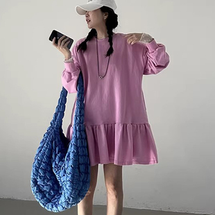 减龄圆领宽松拼接荷叶边长袖 法式 卫衣连衣裙短裙 新款 韩国chic秋季