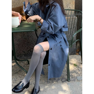 良良家高级感雾霾蓝风衣外套女秋季新款英伦风宽松休闲廓形大衣