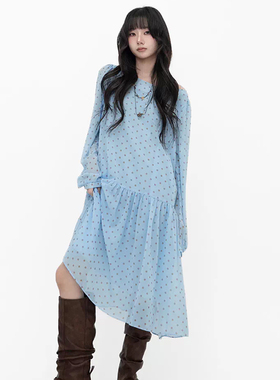 良良家复古小众波点圆领长袖连衣裙女春季新款减龄雪纺直筒裙长裙