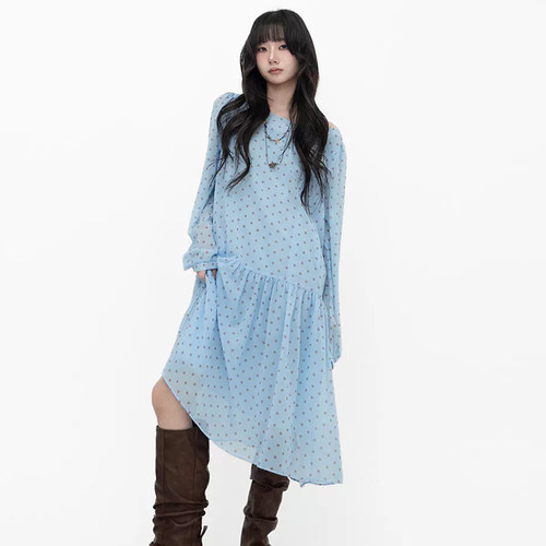 波点雪纺圆领长袖连衣裙直筒裙女