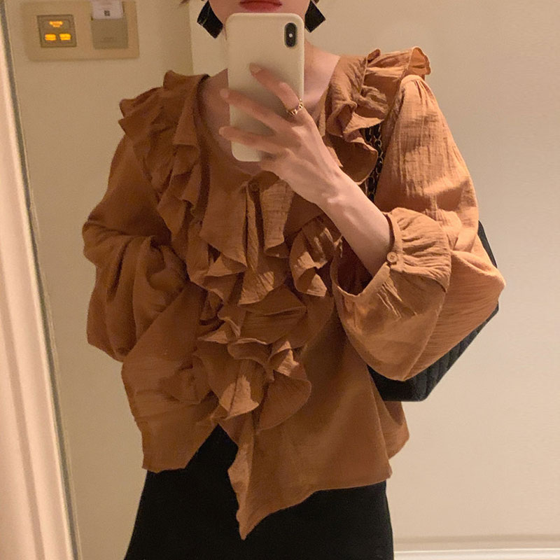 小众设计感V领荷叶边衬衫女