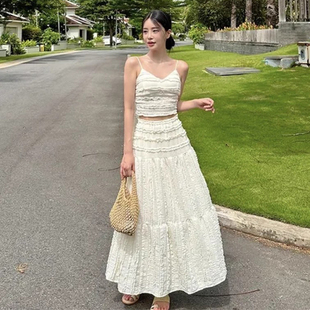 良良家度假风拼接花边短款 甜美气质高腰蛋糕长裙子 吊带女夏季 新款