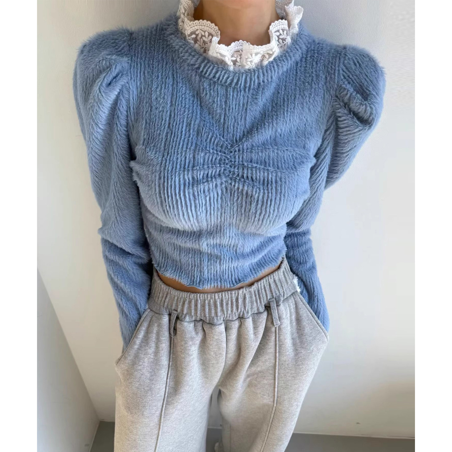 复古减龄拼接蕾丝立领毛茸茸打底衫2025冬季新款抽褶修身显瘦上衣,女装/女士精品,卫衣/绒衫,淘宝优惠券,粉丝福利购,淘宝优惠卷