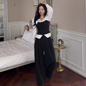 大翻领衬衫 套装 松紧拉链裹胸春季 新款 三件套 良良家 高腰长裤 时尚