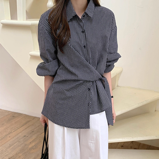 设计感格子绑带收腰不规则长袖衬衫女早春季新款宽松百搭别致衬衣