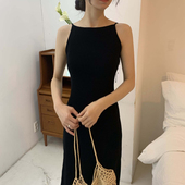 显瘦纯色过膝长款 复古修身 针织吊带连衣裙 春季 韩国chic极简主义