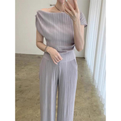 套装 高腰显瘦阔腿休闲裤 女 T恤 韩国chic小众设计感露肩褶皱感短袖