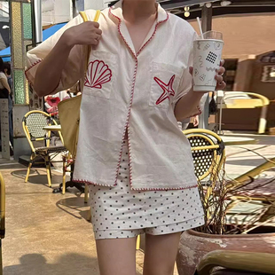 良良家复古减龄刺绣印花口袋短袖衬衫女夏季新款撞色锁边短袖上衣