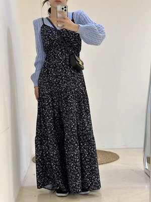 复古气质长款碎花吊带连衣裙女