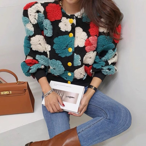 复古洋气重工撞色花朵羊羔毛外套