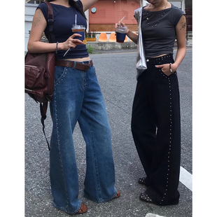 新款 长裤 复古个性 饰高腰百搭宽松牛仔裤 女 重工钉珠装 韩国chic秋季