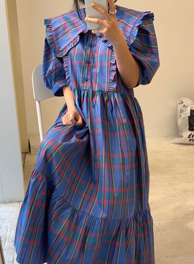 chic拼接木耳边泡泡袖连衣裙女