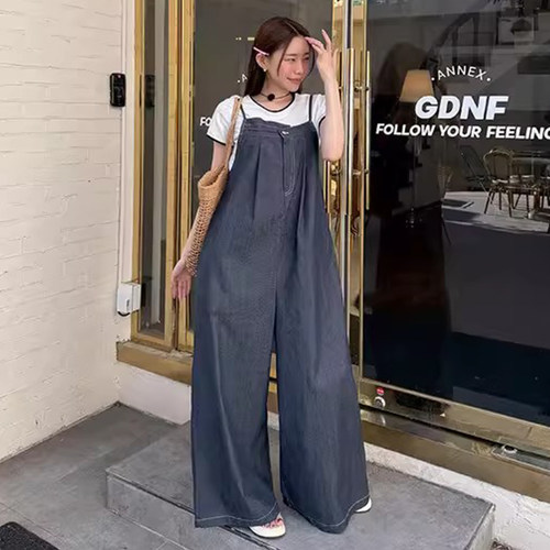 蓝色牛仔直筒背带裤连体裤女