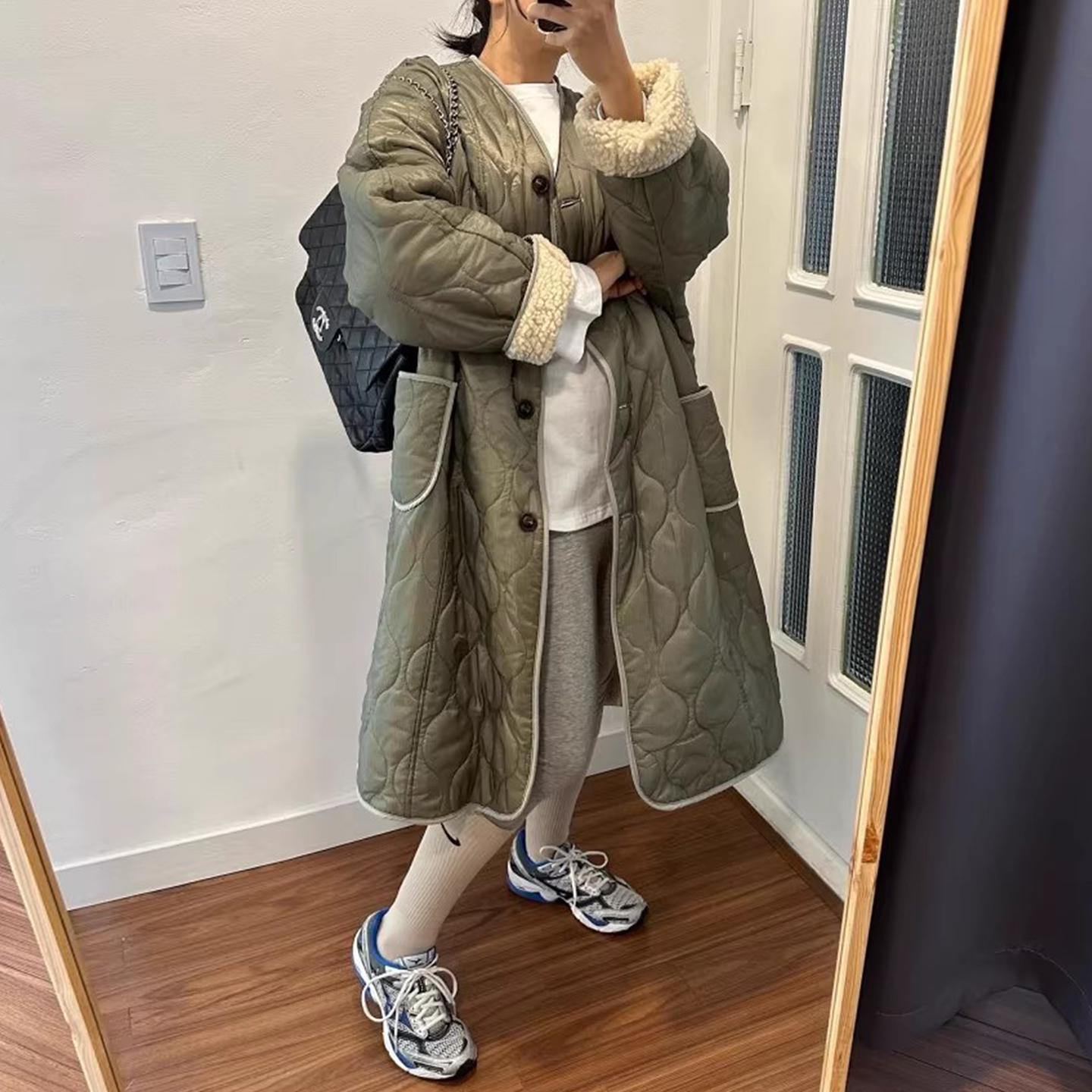 复古两面穿波浪压纹棉服外套大衣