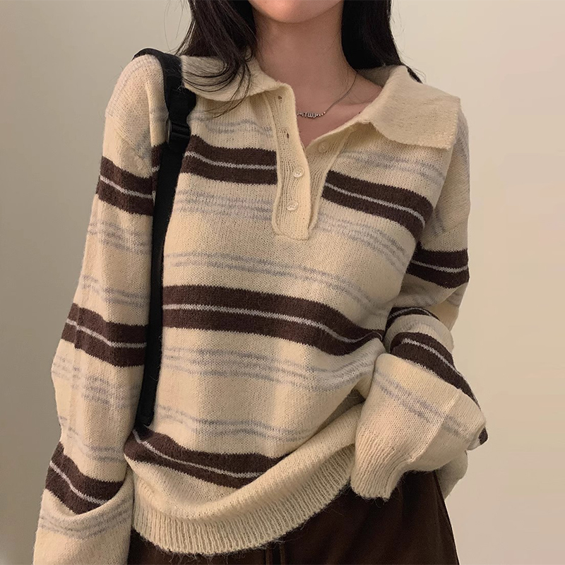 polo领撞色宽松长袖条纹针织衫