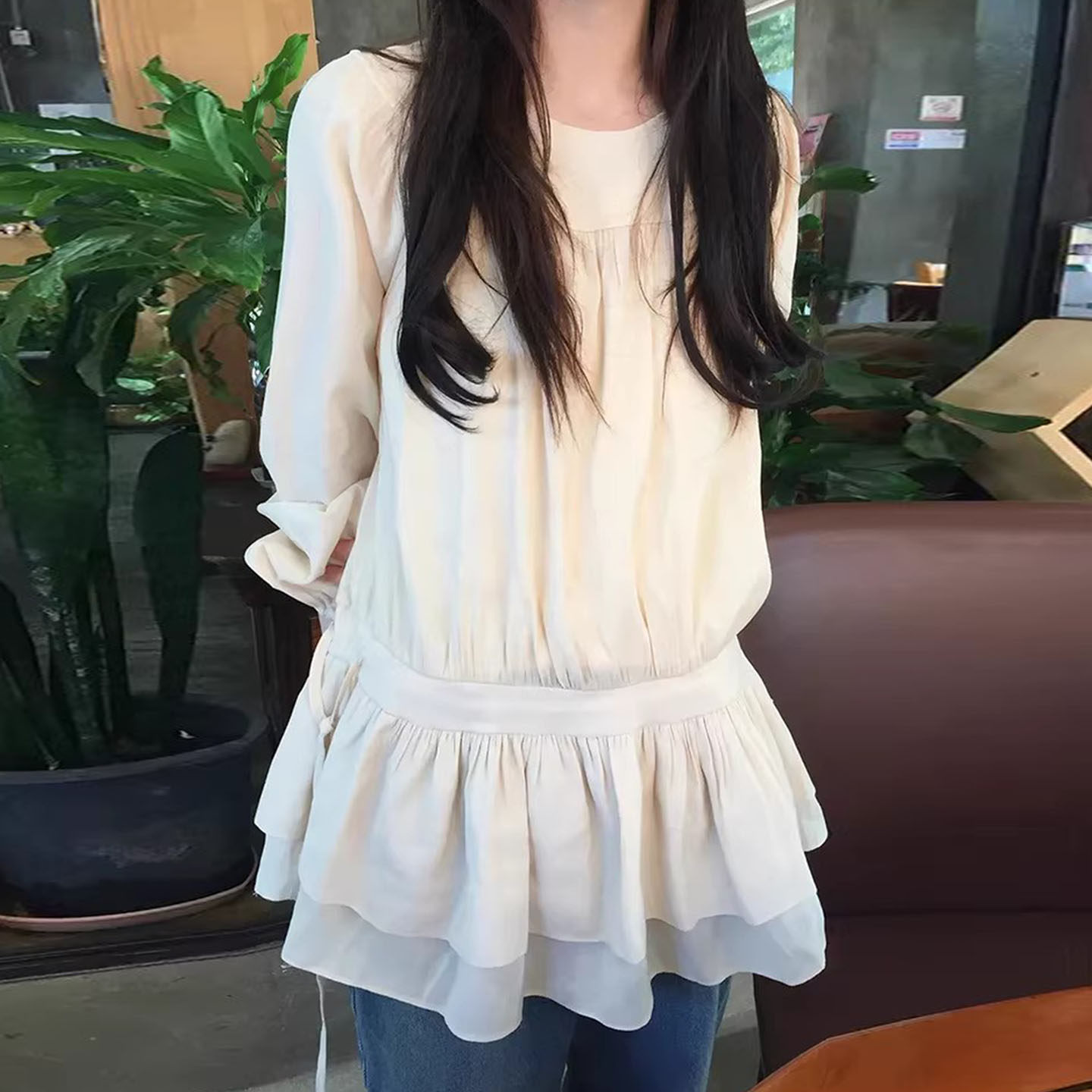 甜美减龄收腰系绳迷你长袖连衣裙女早春季新款气质百搭直筒裙短裙