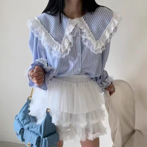 撞色条纹娃娃领拼接蕾丝边衬衫女