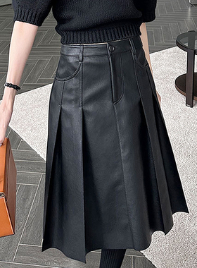 韩国chic秋季复古洋气高腰双口袋休闲百搭百褶黑色PU半身裙皮裙女