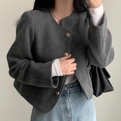 金属单排扣百搭长袖毛呢短外套