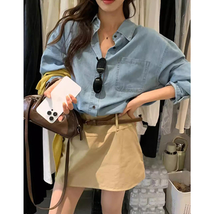 牛仔衬衫 韩国chic秋季 翻领口袋宽松休闲纯色长袖 复古经典 上衣 新款
