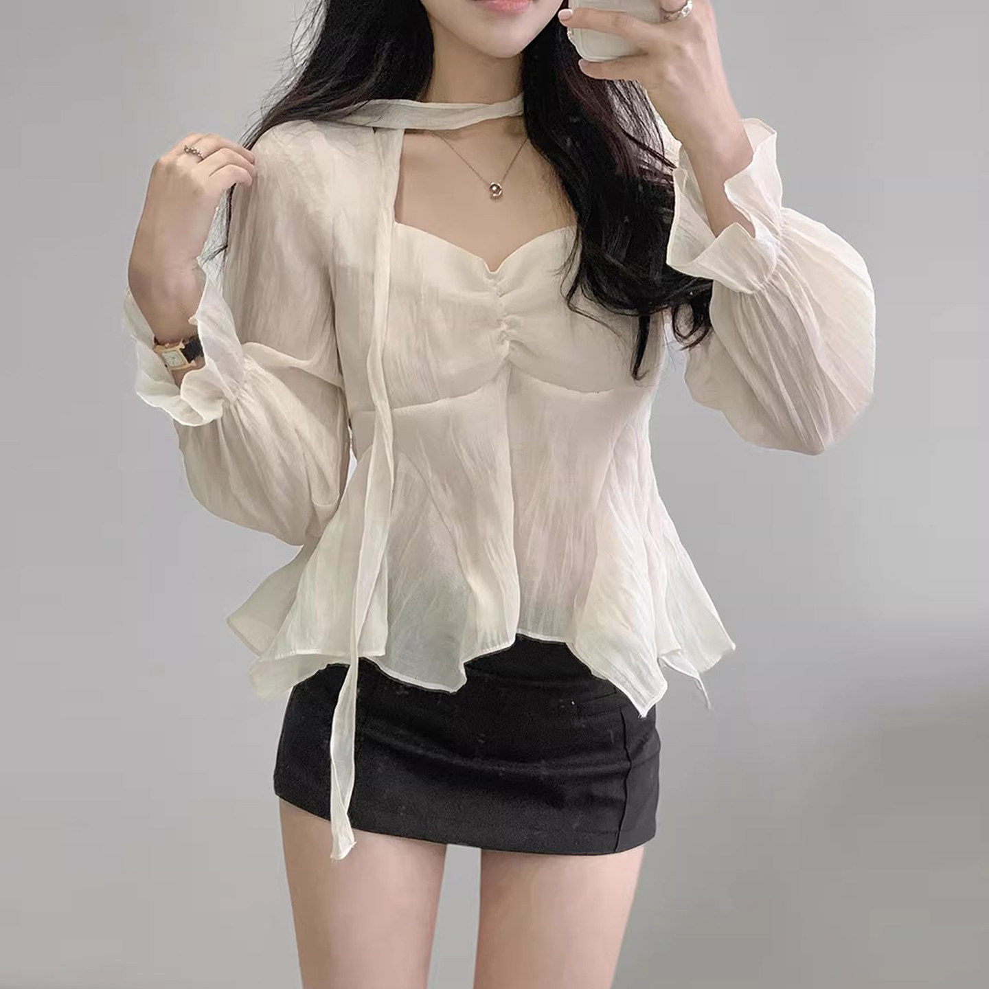 优雅气质飘带褶皱不规则荷叶边喇叭袖衬衫女早春新款宽松百搭衬衣,女装/女士精品,衬衫,淘宝优惠券,粉丝福利购,淘宝优惠卷