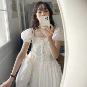 方领拼接蕾丝花边绑带收腰泡泡袖 法式 连衣裙女 新款 韩国chic夏季