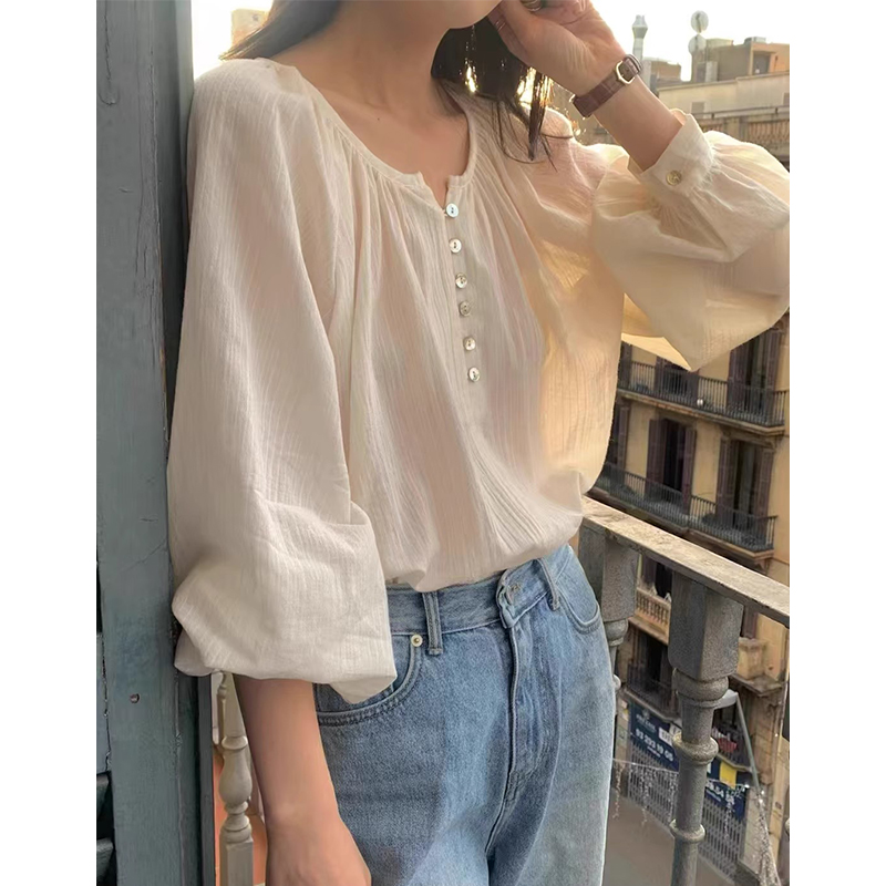 贝壳扣设计肌理感宽松长袖衬衫