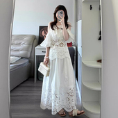 复古A字半身裙 新款 良良家宫廷风重工镂空提花露肩蕾丝衬衫 女夏季