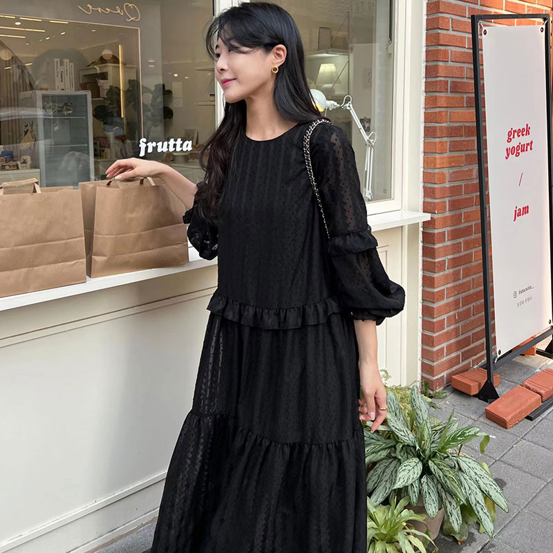 韩国chic圆领镂空蕾丝钩花连衣裙