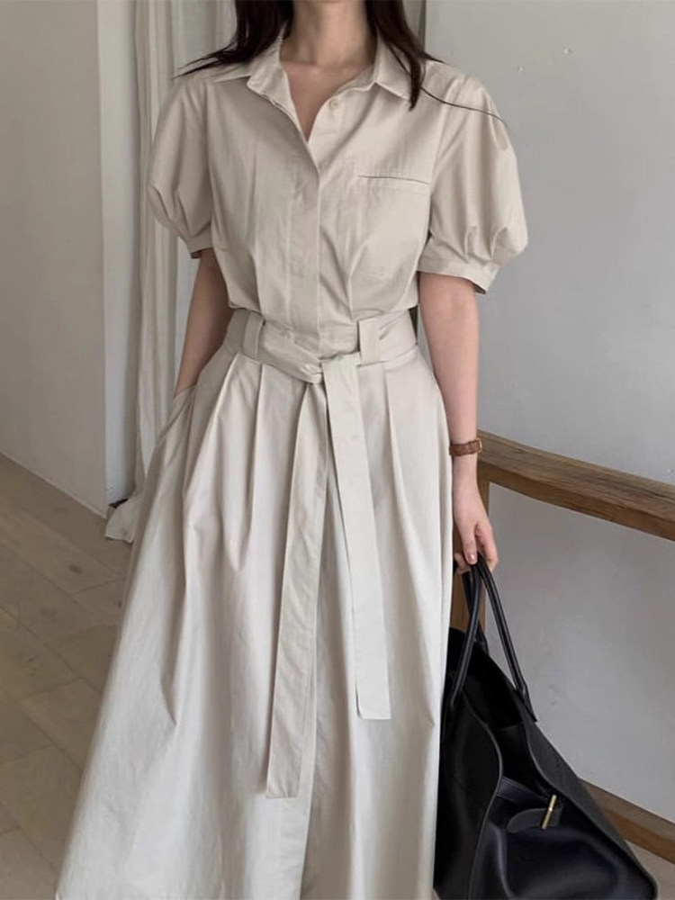 韩国chic夏季法式复古翻领单排扣系带收腰显瘦中长款短袖连衣裙女,女装/女士精品,连衣裙,淘宝优惠券,粉丝福利购,淘宝优惠卷