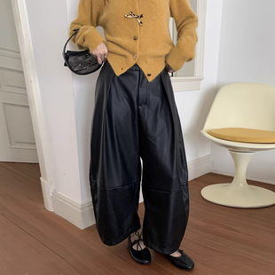 皮裤 九分长裤 女2025冬季 高腰显瘦弯刀裤 新款 复古高级感PU皮阔腿裤