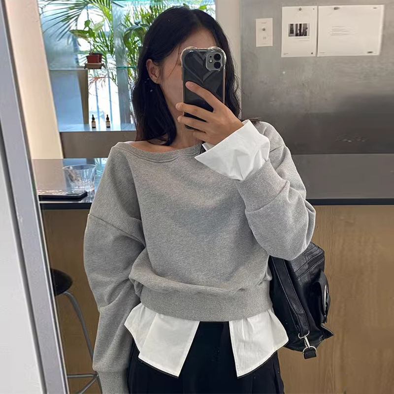 撞色拼接假两件设计露肩长袖卫衣