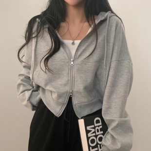 卫衣外套 短款 韩国chic秋季 小众百搭连帽双开拉链设计宽松休闲长袖