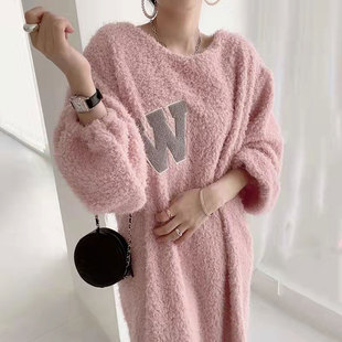 韩国chic秋冬温柔减龄圆领字母贴布毛绒绒加厚保暖长袖 卫衣连衣裙