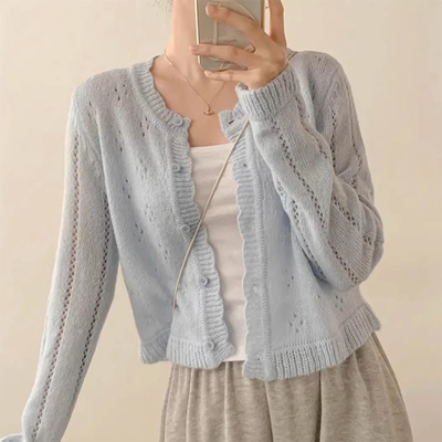 圆领薄款镂空软糯针织开衫外套