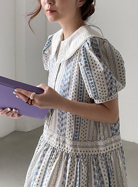 韩国chic夏季复古民族风娃娃领花边单排扣撞色印花泡泡袖连衣裙女