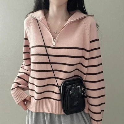 半拉链软糯长袖条纹针织衫毛衣