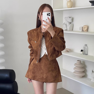 机车服夹克外套+A字半身裙短裙