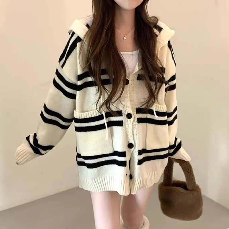 韩国chic秋冬小众慵懒连帽撞色条纹宽松长袖针织开衫毛衣外套女,女装/女士精品,毛衣,淘宝优惠券,粉丝福利购,淘宝优惠卷