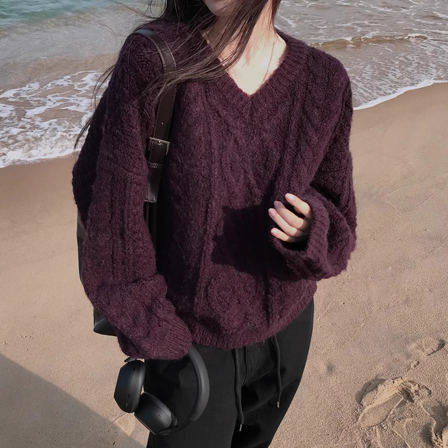 复古洋气V领麻花纹百搭针织毛衣