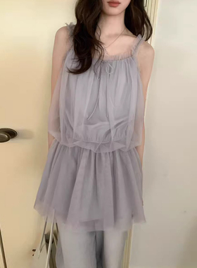 良良家设计感木耳边温柔吊带裙女夏季新款双层面纱透气背心连衣裙
