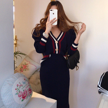 韩国chic秋冬气质V领镶边撞色针织开衫毛衣+高腰中长款包臀半身裙