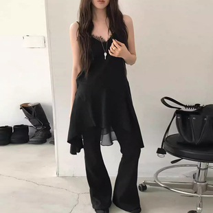 黑色不规则下摆吊带裙 新款 良良家 设计感蕾丝拼接V领连衣裙女春季