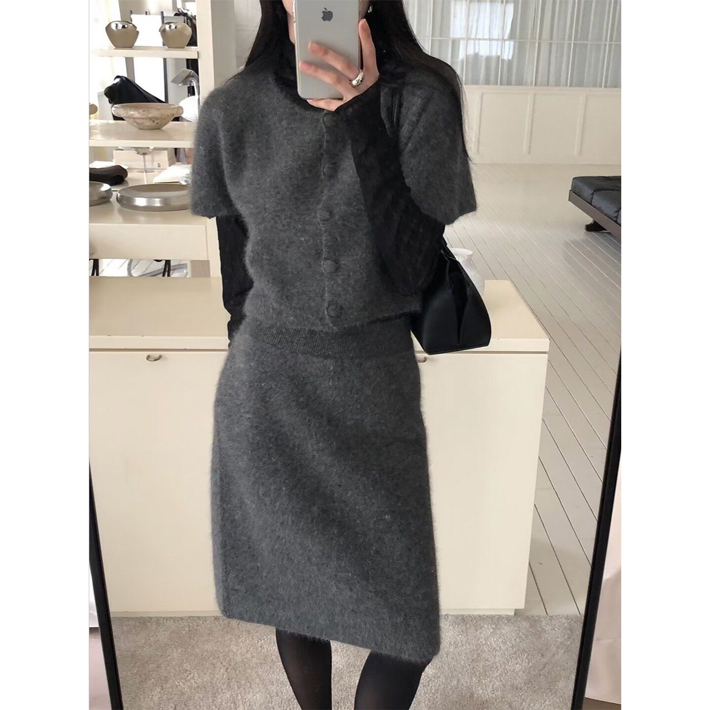 良良家千金风针织套装毛绒绒短袖毛衣女秋冬高腰包臀半身裙两件套
