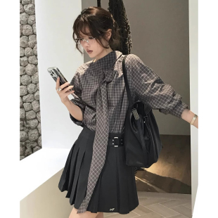 学院风飘带设计撞色格子衬衫 上衣 女早春复古小个子百搭显瘦泡泡袖