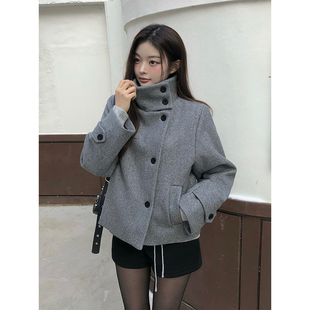良良家灰色夹棉保暖毛呢外套女秋冬新款高级感立领双排扣呢子大衣