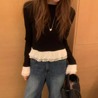拼接双层花边长袖打底衫上衣